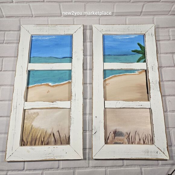 hand painted /made distressed wood frame beach scene canvas duo painting artwork - Picture 4 of 13